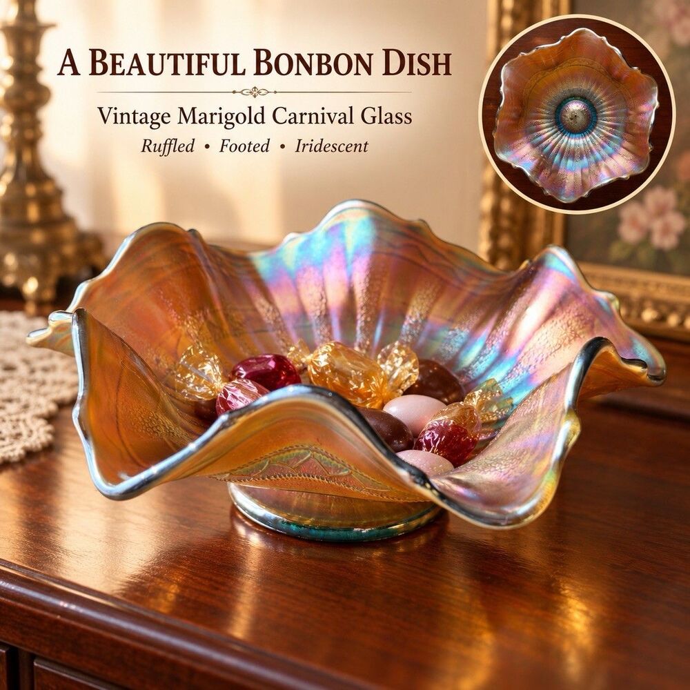 Vintage Marigold Carnival Glass Ruffled Footed Bowl Iridescent Rainbow 6.5”